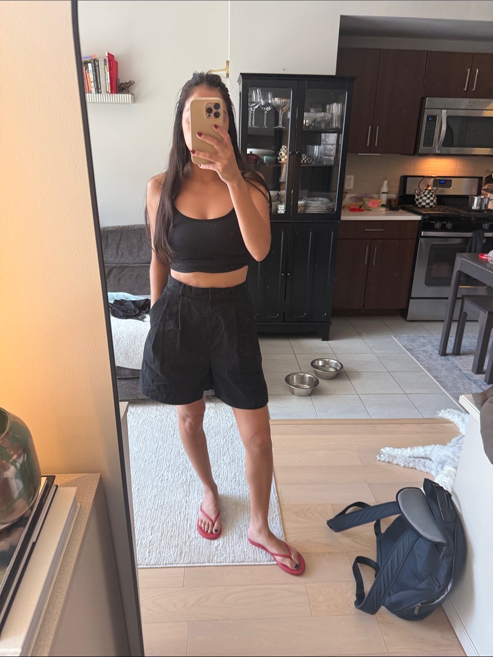 OAK + FORT Black High-Waist Pleated Cotton Shorts